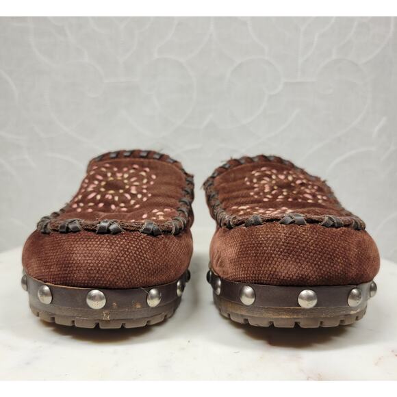 Vintage Mudd Y2K Mules Womens 9 Brown Floral Embroidery Rivets Wooden Platform - Picture 10 of 14